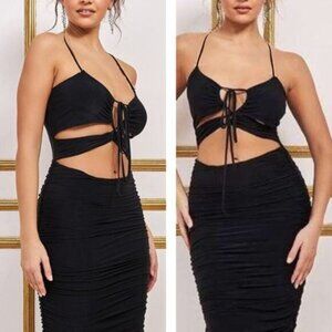 ANTHROPOLOGIE Cut Out Ruched Black Halter Neck Dress Sz XS